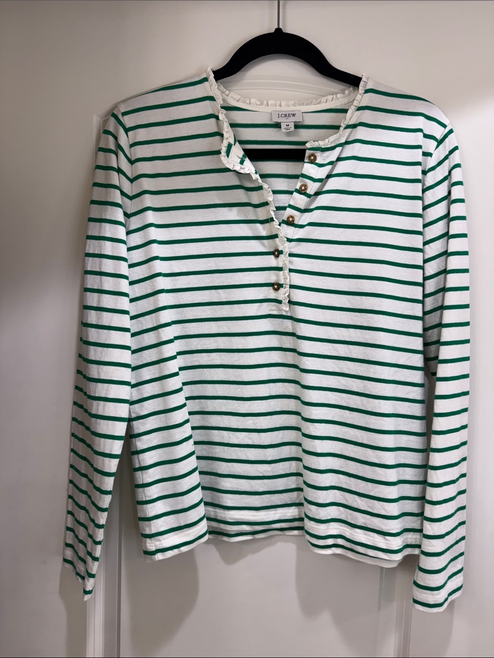 J. Crew Factory White and Green Striped Long-Sleeve Henley
